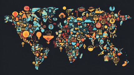 A map of the world composed of diverse cultural symbols and icons, Global scene, Cultural style