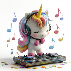 Cute unicorn DJ mixes music with headphones.