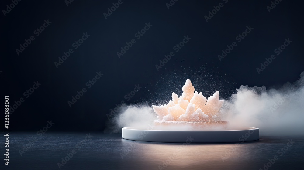 Poster surreal rendering of dessert platter with artistic sugar sculptures softly illuminated against dark 
