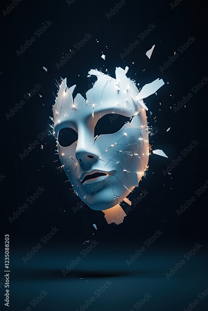 Poster surreal representation of actor mask made of light shards hovering against dark and minimal backdrop