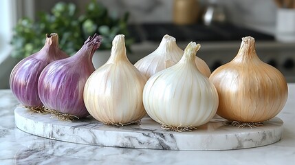 Obraz premium Freshly harvested onions of various colors arranged on a marble cutting board in a kitchen