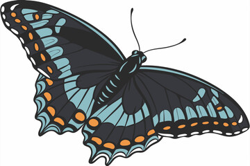 Majestic black butterfly, detailed wings, iridescent blue sheen, orange spots, scientific specimen, white background, high contrast, macro photography, symmetrical composition, entomology illustration