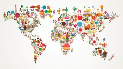 A map of the world composed of diverse cultural symbols and icons, Global scene, Cultural style