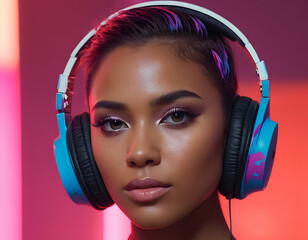 Smiling Woman with Headphones in Neon Lighting