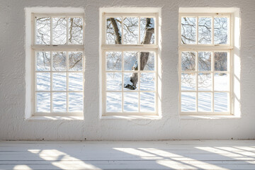 Winter sunlight streams through three large windows overlooking a snow-covered landscape.