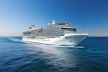 A cruise ship sails smoothly across calm ocean waters under a clear blue sky, creating a peaceful maritime scene.
