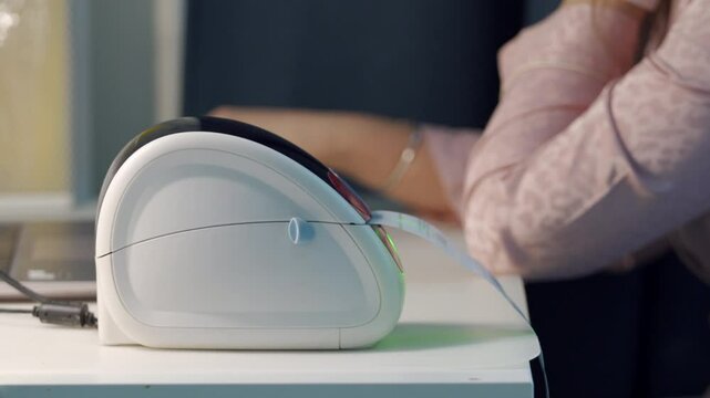 woman sits in a home office printing labels using a thermal shipping barcode label printer.