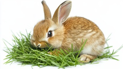 Fototapeta premium Adorable Brown Rabbit Sitting in Fresh Green Grass Patch