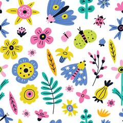 Seamless flower pattern with cute butterfly, ladybug, moth. Cute childish print with nature elements. Abstract flowers seamless pattern in flat style