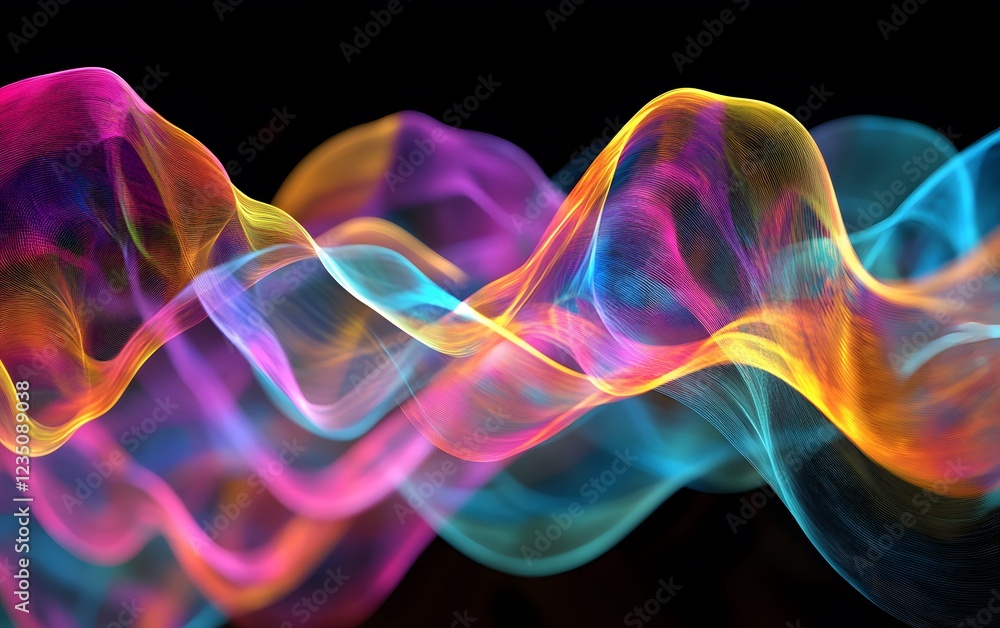 Poster vibrant wave patterns in colorful light forms.