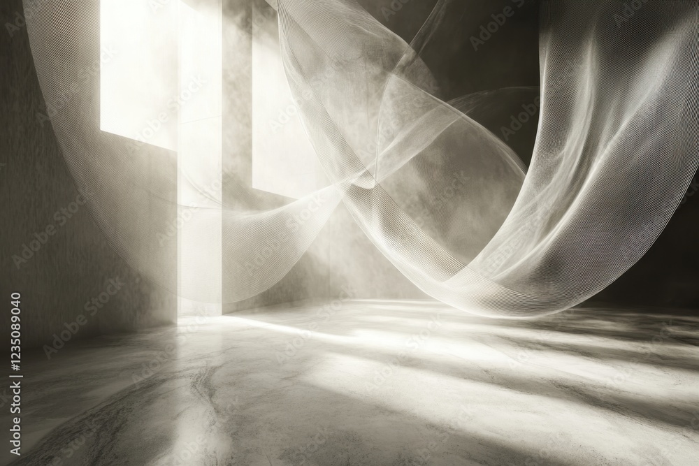 Poster soft light streams through a minimalistic space illuminated by flowing fabrics