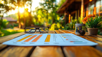 Relaxed outdoor workspace with financial charts, eyeglasses, and potted plant.  Sunshine filters through trees in the background.