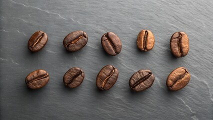 A close-up, overhead shot of ten roasted coffee beans arranged in two rows on a dark gray