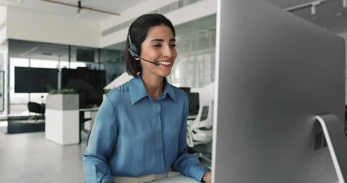 Call center female worker making outbound calls to potential customers, provide technical support, professional remote assistance, communicating with team members to coordinate tasks and share updates