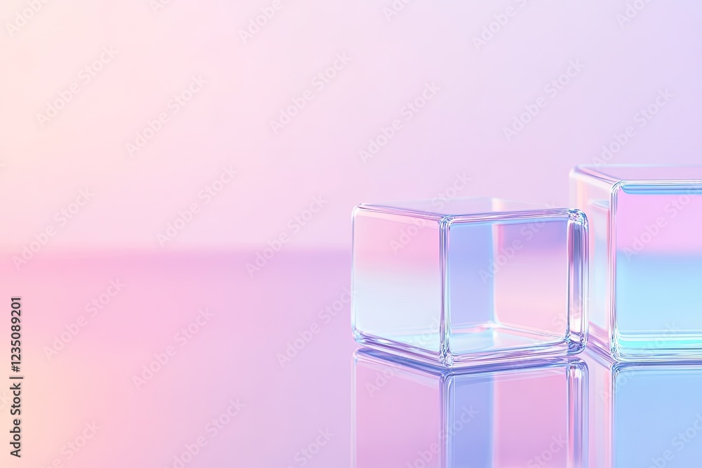 Poster vibrant design of interlocking glass squares with colorful reflections and soft gradient lighting
