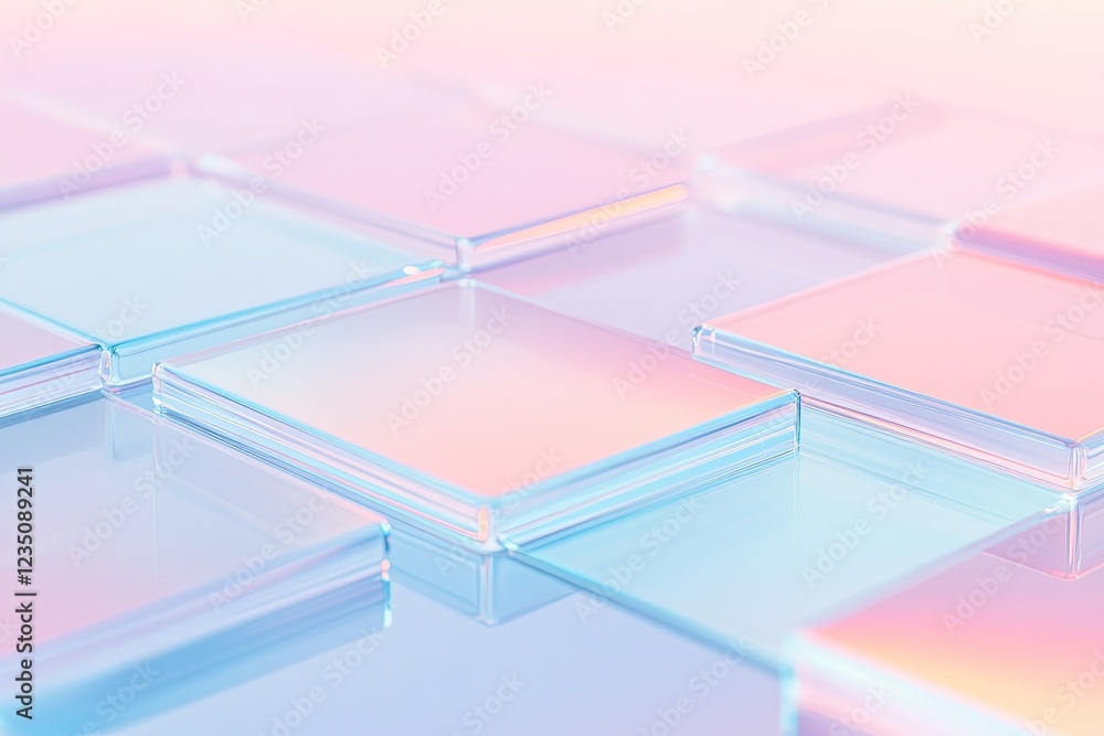 Poster vibrant design of interlocking glass squares with colorful reflections and soft gradient lighting