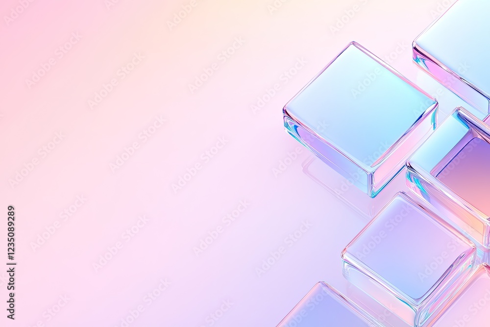 Poster vibrant design of interlocking glass squares with colorful reflections and soft gradient lighting