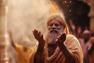 Obraz premium happy man celebrates Holi festival in the background of other celebrating Hindus throwing colorful gulaal at each other, generative AI