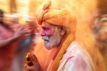 Obraz premium happy old man celebrates Holi festival in the background of other celebrating Hindus throwing colorful gulaal at each other, generative AI
