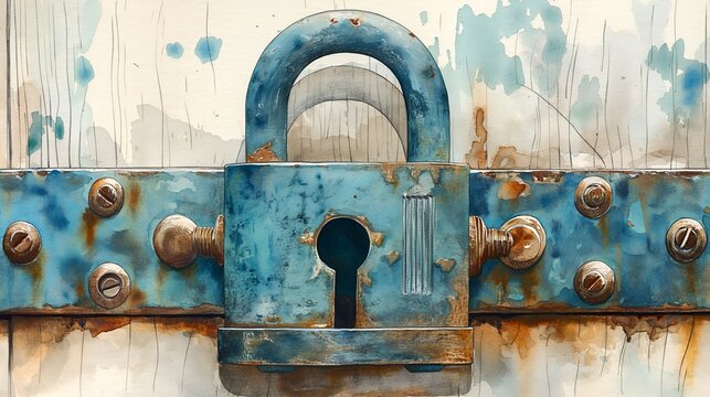 Intricate Watercolor Illustration of a Padlock, Ideal for Security, Privacy, and Protection Themes.