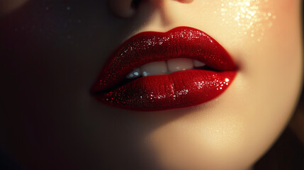Fototapeta premium Glittering red lips highlighting dramatic evening makeup, conveying sensual feminine beauty