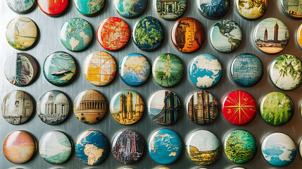 Collection of vintage travelthemed magnets on a metallic surface.  Perfect for travel blogs, tourism websites, or scrapbook projects. Evokes nostalgia and wanderlust.