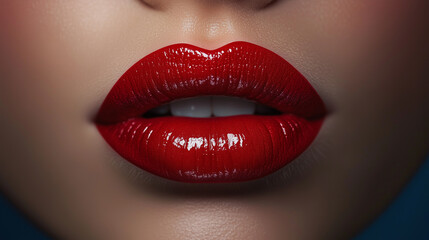 Obraz premium Vibrant red lips highlighting flawless makeup, showcasing sensual beauty through elegant close-up portrait revealing feminine glamour