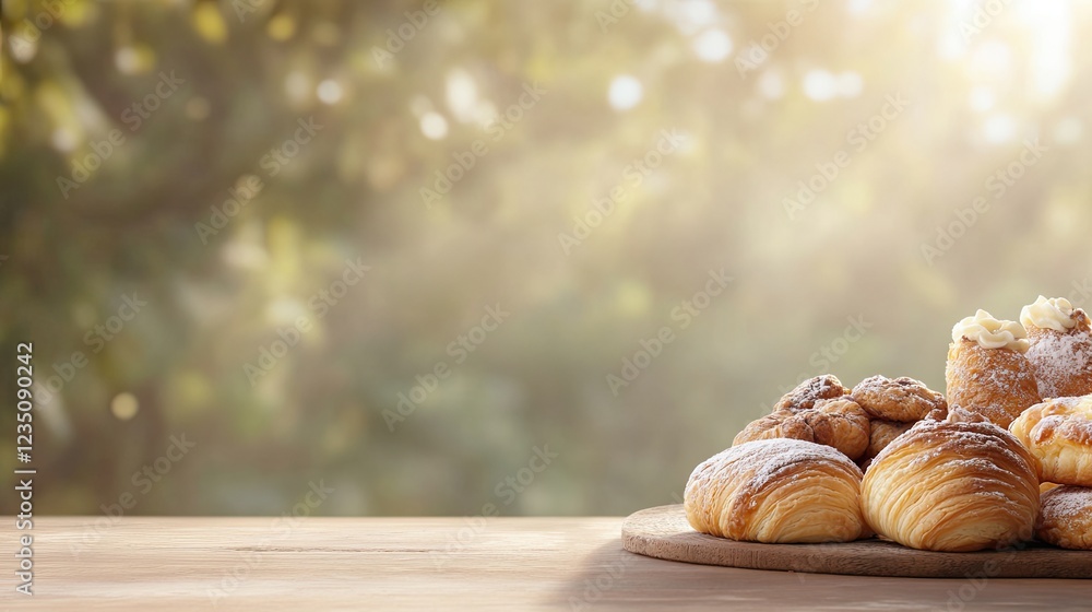 Poster vibrant image of assortment of pastries arranged on rustic table surrounded by soft shadows and blur