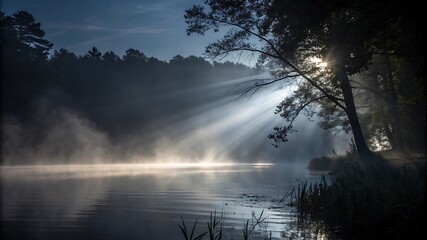 Misty Light Beams and Reflections on Dark Surface – Atmospheric Scene with Fog and Shadow Play