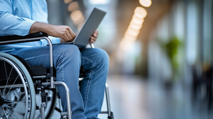 Fototapeta premium Handicap Businessman, Entrepreneur or Manager in Wheelchair Working Remotely on Laptop, Accessible Workspace for Professionals with Disabilities, Empowerment and Inclusion in Business, DEIB, DEI.