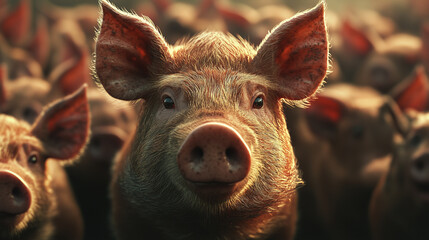 Distinctive pig standing among farmyard companions, basking in golden sunlight