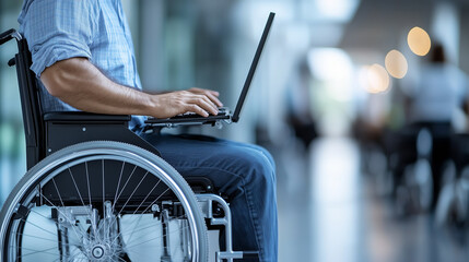 Handicap Businessman, Entrepreneur or Manager in Wheelchair Working Remotely on Laptop, Accessible Workspace for Professionals with Disabilities, Empowerment and Inclusion in Business, DEIB, DEI.