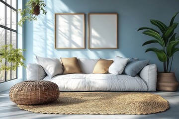 Cozy living room with a sofa, decorative pillows, and indoor plants.