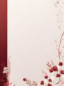 Pastel background with delicate flower blossoms and red ribbon border decoration to one side
