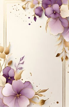 Background drawing of lavender orchid border on paper with gold highlights