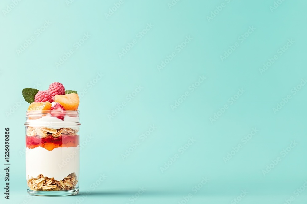 Poster vibrant rendering of layered dessert topped with fresh fruits and cream displayed against clean back