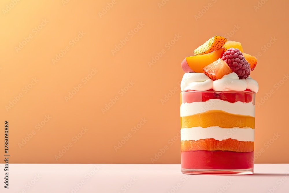 Poster vibrant rendering of layered dessert topped with fresh fruits and cream displayed against clean back