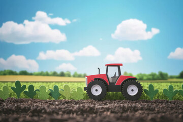 Obraz premium Red toy tractor on tilled soil, young plants emerging, sunny sky.