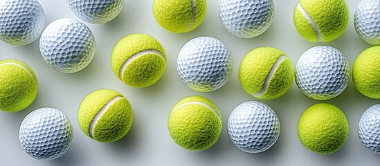 A vibrant arrangement of tennis and golf balls on a clean surface, showcasing sports diversity