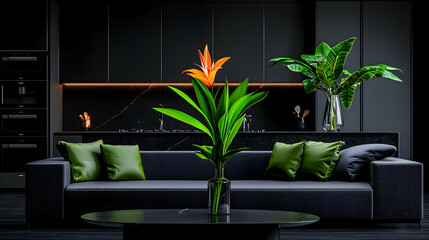 Modern dark kitchen, green sofa, tropical plants