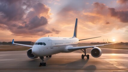 A panoramic view of the airport at the start of a beautiful sunrise shows a busy scene with a passenger plane sitting magnificently on tarmac, surrounded by a