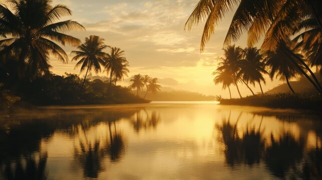 Tropical sunrise, calm river, palm trees, misty mountains, vacation postcard