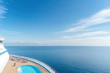 Fototapeta premium vibrant view of passengers enjoying poolside deck on cruise ship with vibrant ocean horizon in background