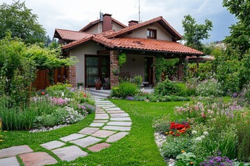 Picturesque Stone Path Leading to Charming Rustic House with Vibrant Flower Garden
