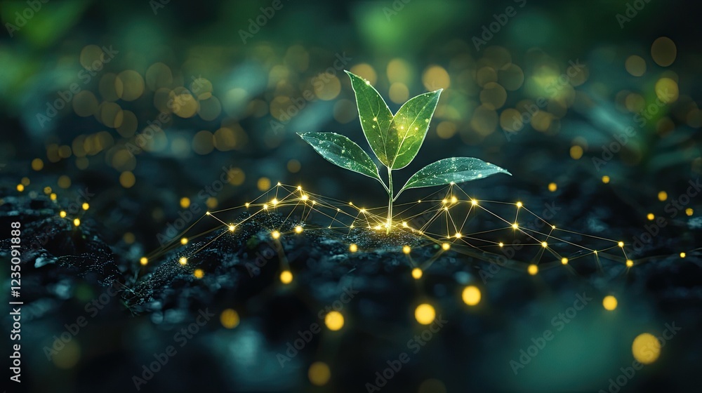 Poster sprout with digital network nodes representing growth and technology -