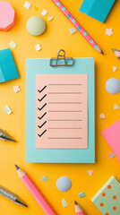 Colorful Checklist: A vibrant assortment of stationery and tools, perfectly arranged around a notepad with a completed checklist, symbolizing productivity and efficiency on a sunny yellow backdrop.