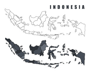Indonesia country map simple flat outline vector illustration set