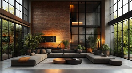 A large living room with a brick wall and a lot of greenery