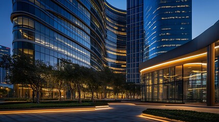 Obraz premium A high-rise plaza with a distinctive silhouette, featuring curved lines, large windows, and integrated lighting that highlights its architectural features at night