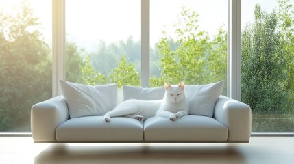 White cat relaxing on sofa, sunny window, green view, home decor